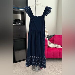 J. Crew Factory Navy Blue Midi Dress with White Floral Accents